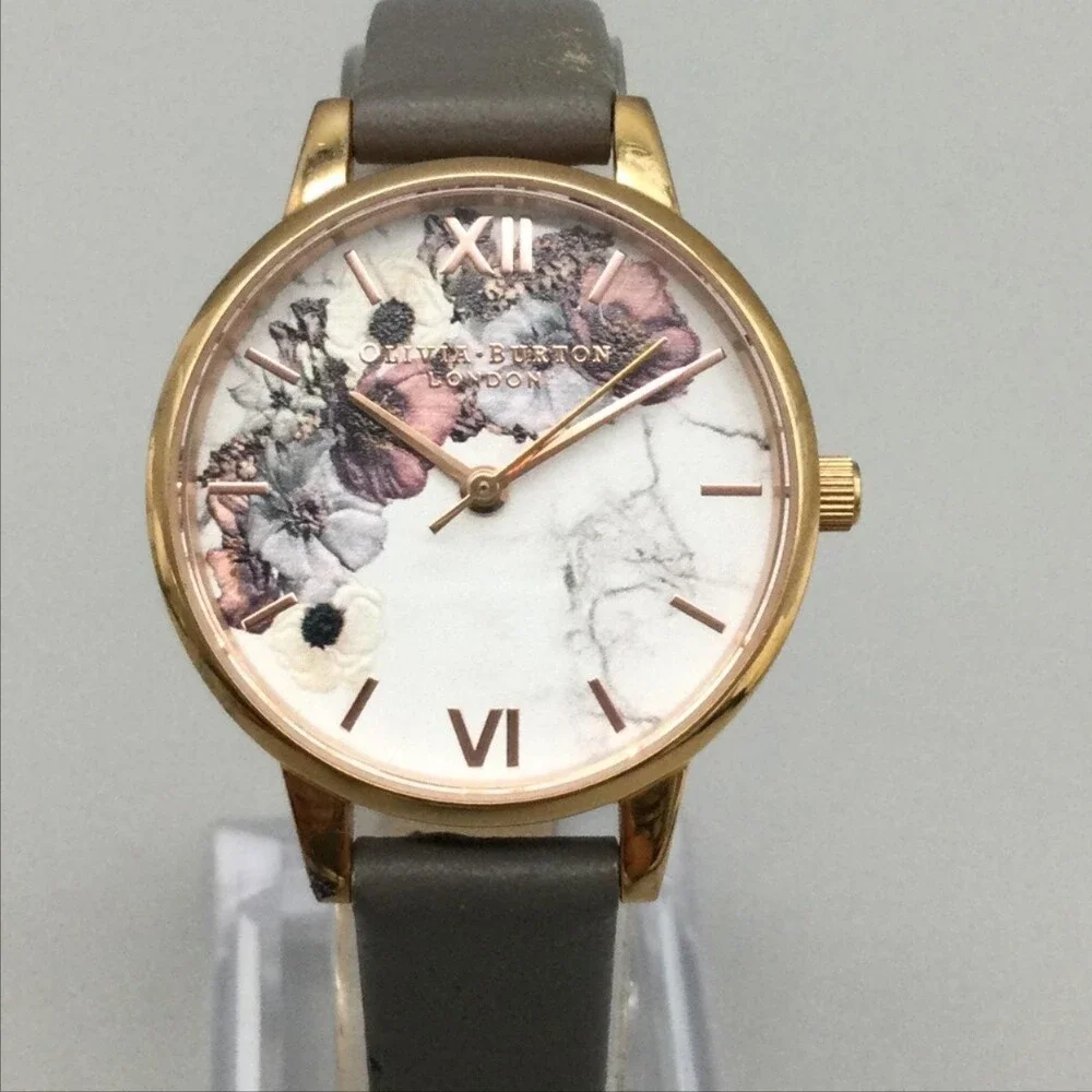 Olivia Burton Womens Watch 30mm Floral Dial Leather Rose Gold Tone New Battery
